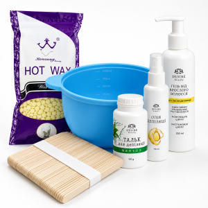 Стартовий набір для депіляції віск у гранулах Konsung Hot Wax 500 г (силіконова чаша, олія, тальк,гель від врослого волосся, шпателі)